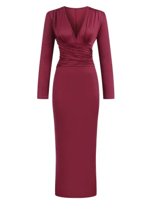 1930s Solid Pleated Waist V-Neck Bodycon Dress