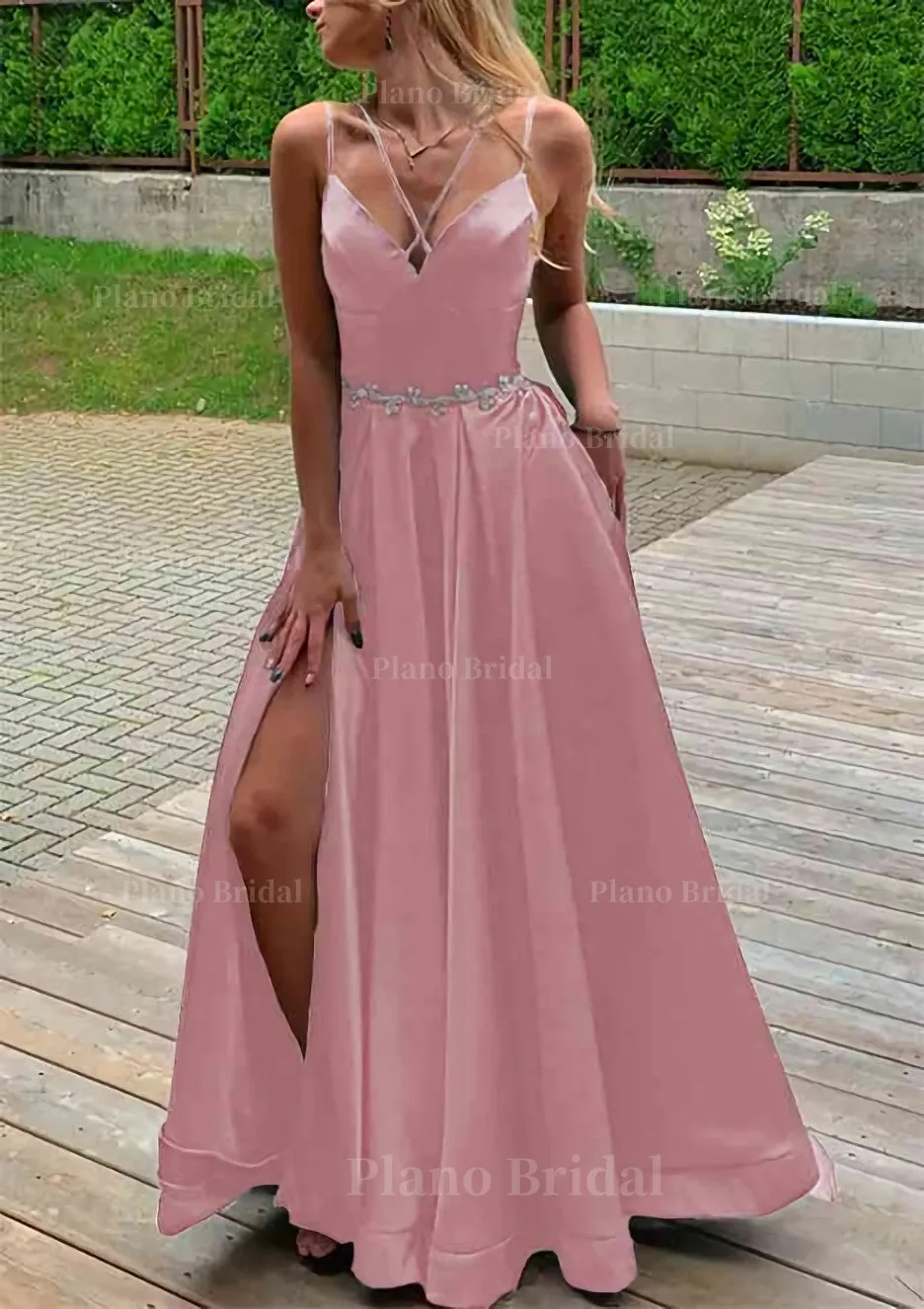 A-line V Neck Sleeveless Satin Sweep Train Prom Dress With Pockets Waistband Split