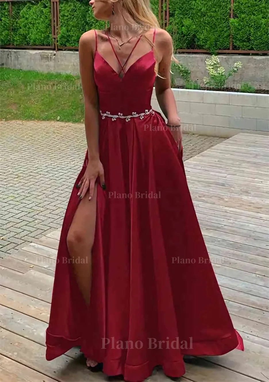 A-line V Neck Sleeveless Satin Sweep Train Prom Dress With Pockets Waistband Split