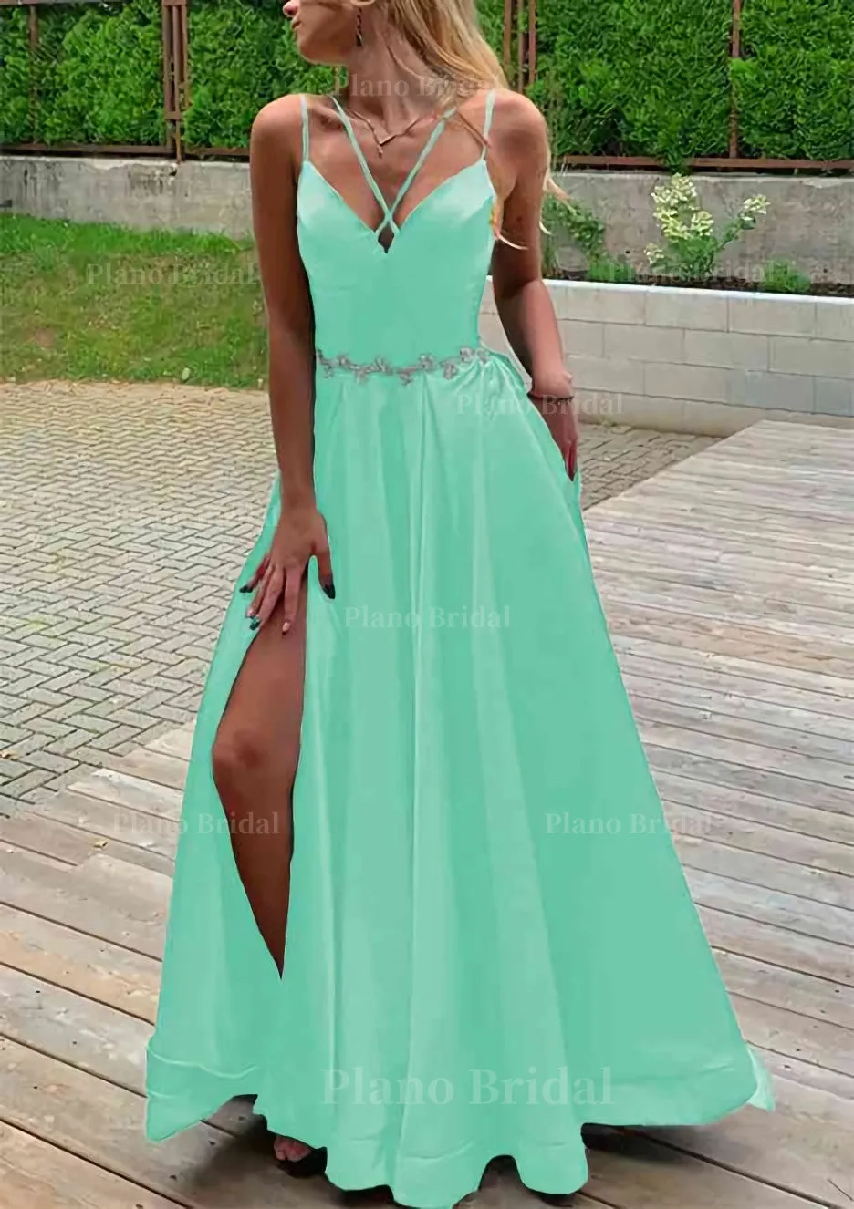 A-line V Neck Sleeveless Satin Sweep Train Prom Dress With Pockets Waistband Split