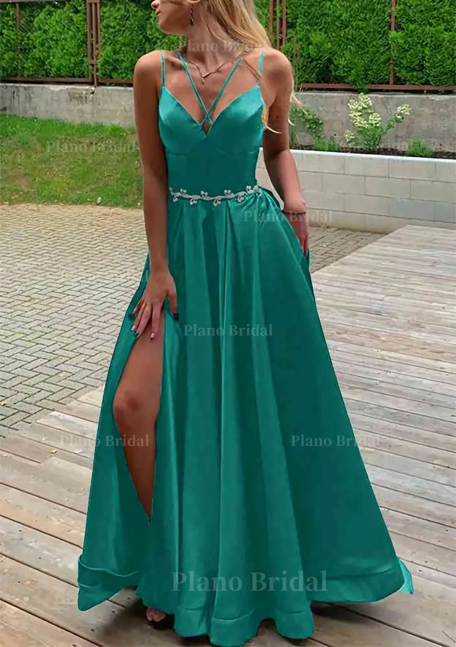 A-line V Neck Sleeveless Satin Sweep Train Prom Dress With Pockets Waistband Split