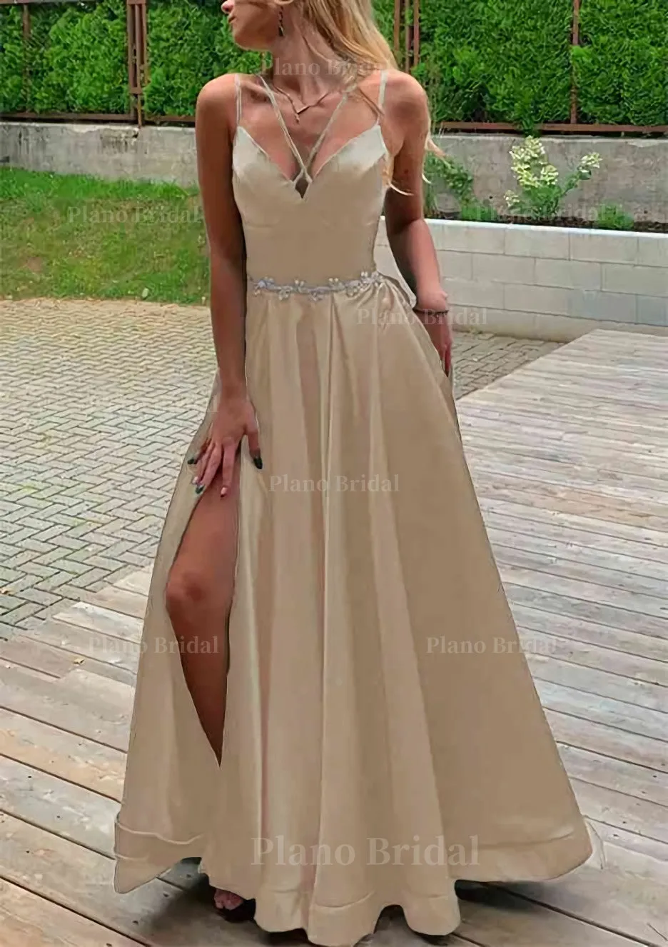 A-line V Neck Sleeveless Satin Sweep Train Prom Dress With Pockets Waistband Split