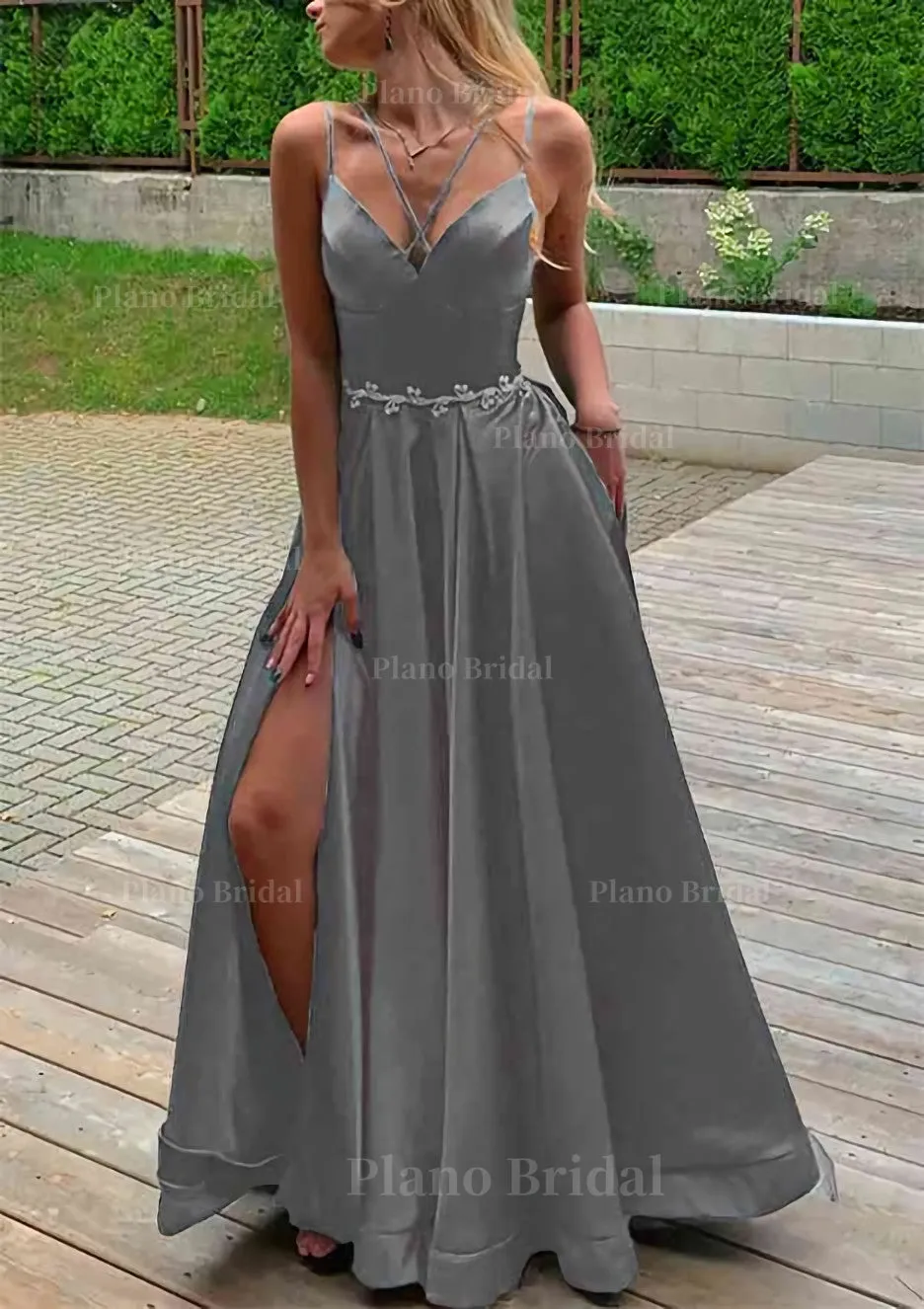 A-line V Neck Sleeveless Satin Sweep Train Prom Dress With Pockets Waistband Split