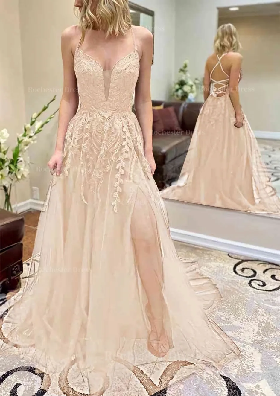 A-line V Neck Spaghetti Straps Chapel Train Tulle Prom Dress With Split Appliqued