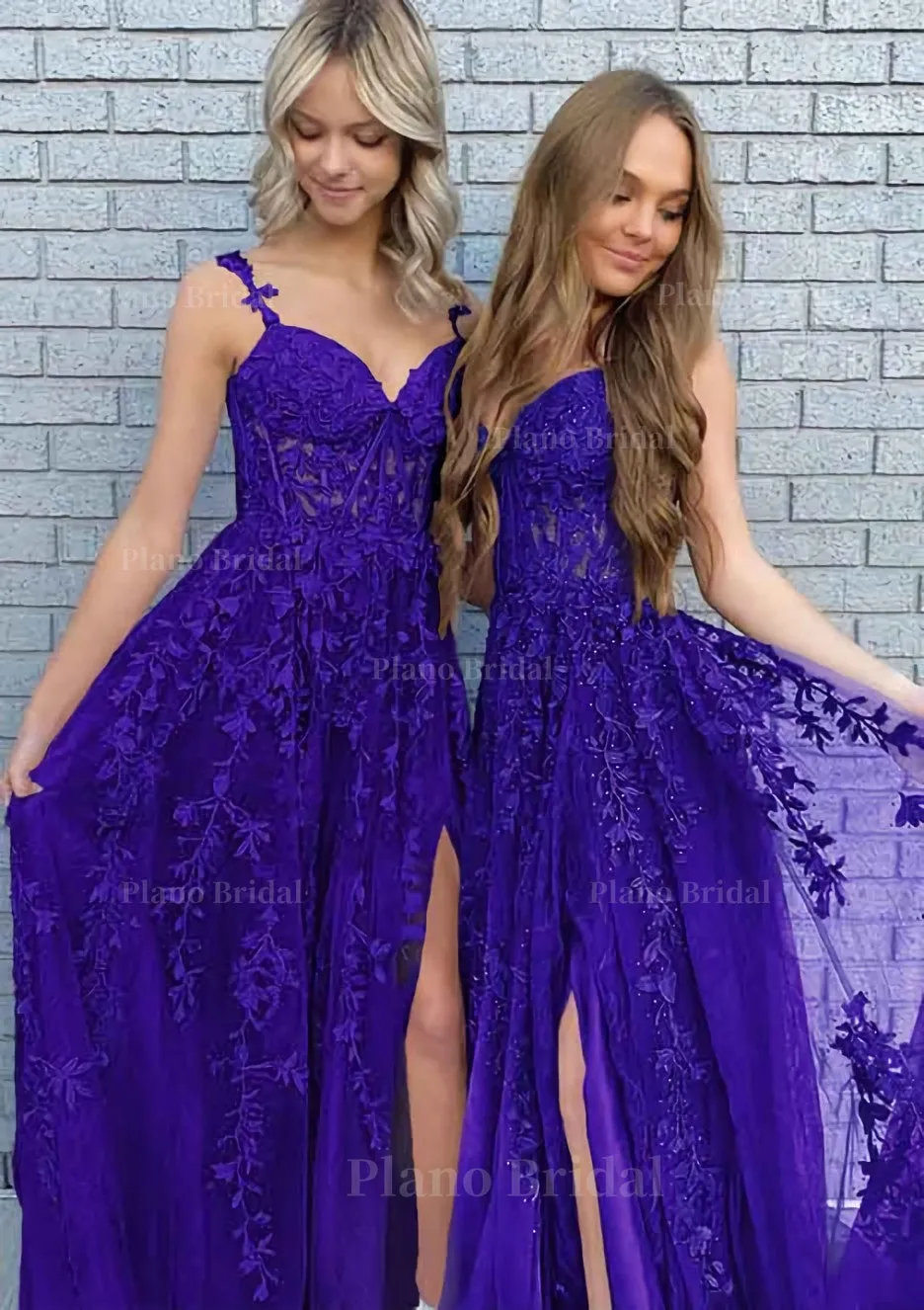 A-line V Neck Spaghetti Straps Long/Floor-Length Lace Prom Dress With Split
