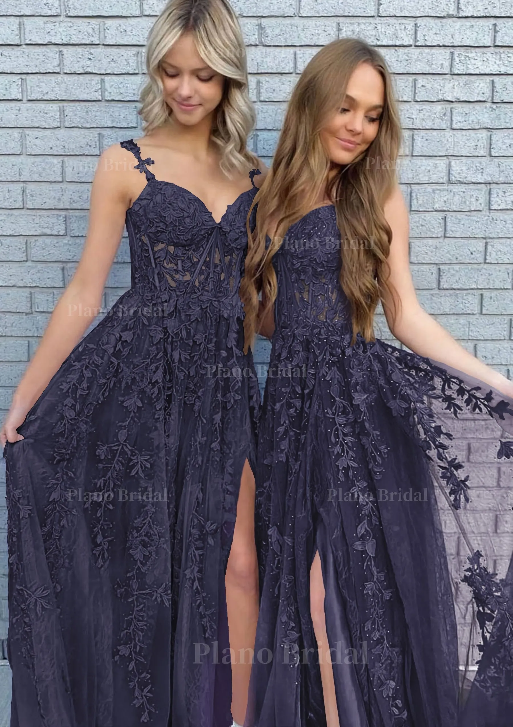 A-line V Neck Spaghetti Straps Long/Floor-Length Lace Prom Dress With Split