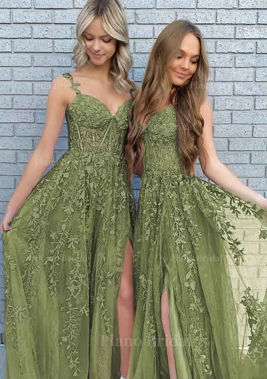 A-line V Neck Spaghetti Straps Long/Floor-Length Lace Prom Dress With Split