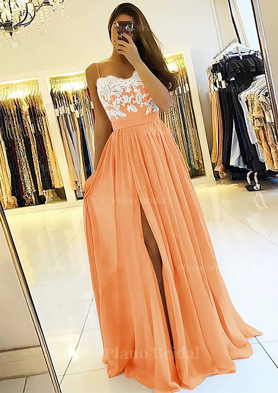 A-line/Princess Sweetheart Sleeveless Long/Floor-Length Chiffon Prom Dress With Split Appliqued
