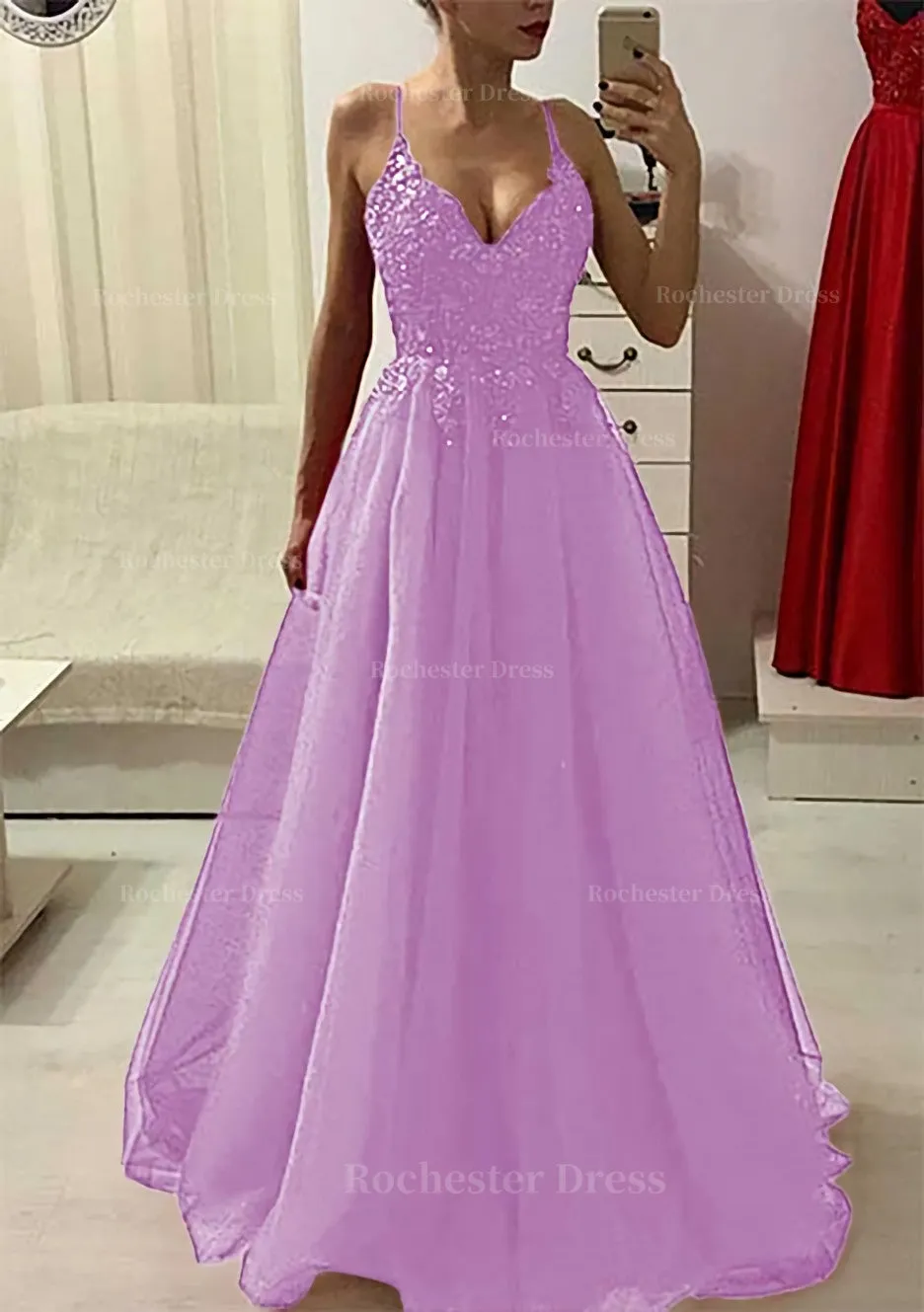 A-line/Princess V Neck Sleeveless Long/Floor-Length Prom Dress With Appliqued Beading