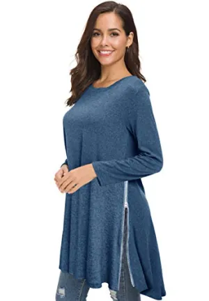 Afibi Tops For Women Long Sleeve Side Split Loose Tunic Tops For Leggings (X-Large, Blue)