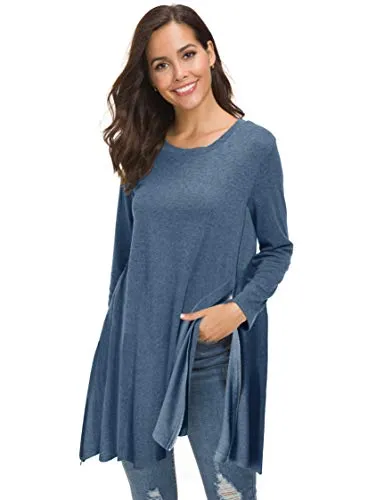Afibi Tops For Women Long Sleeve Side Split Loose Tunic Tops For Leggings (X-Large, Blue)
