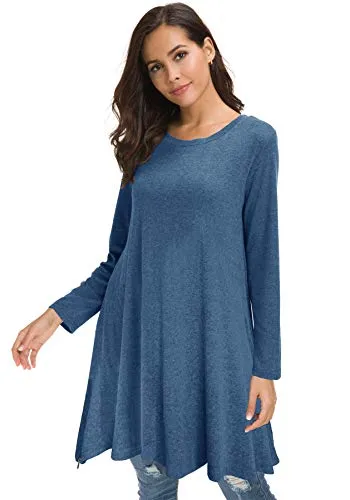 Afibi Tops For Women Long Sleeve Side Split Loose Tunic Tops For Leggings (X-Large, Blue)