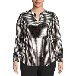 Anne Klein Women's Plus Size Printed ITY Split Neck Tunic, Black, 0X