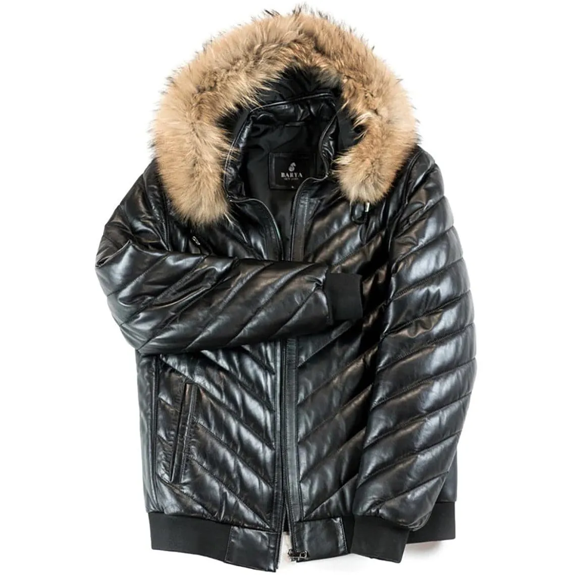 BARYA Leather Bomber Jacket with Real Fur
