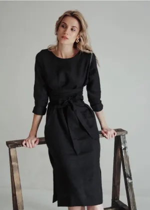 Black Classic Wrap Linen Dress For Women Midi
