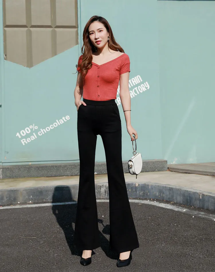 Black Drape High Waist Flare Leg Pants Women Suits Long Straight Lengthen Floor Length Pants