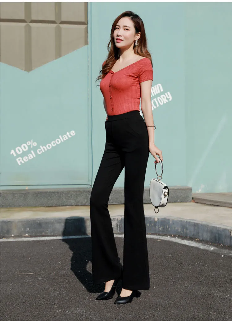 Black Drape High Waist Flare Leg Pants Women Suits Long Straight Lengthen Floor Length Pants