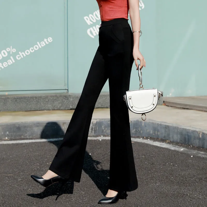 Black Drape High Waist Flare Leg Pants Women Suits Long Straight Lengthen Floor Length Pants