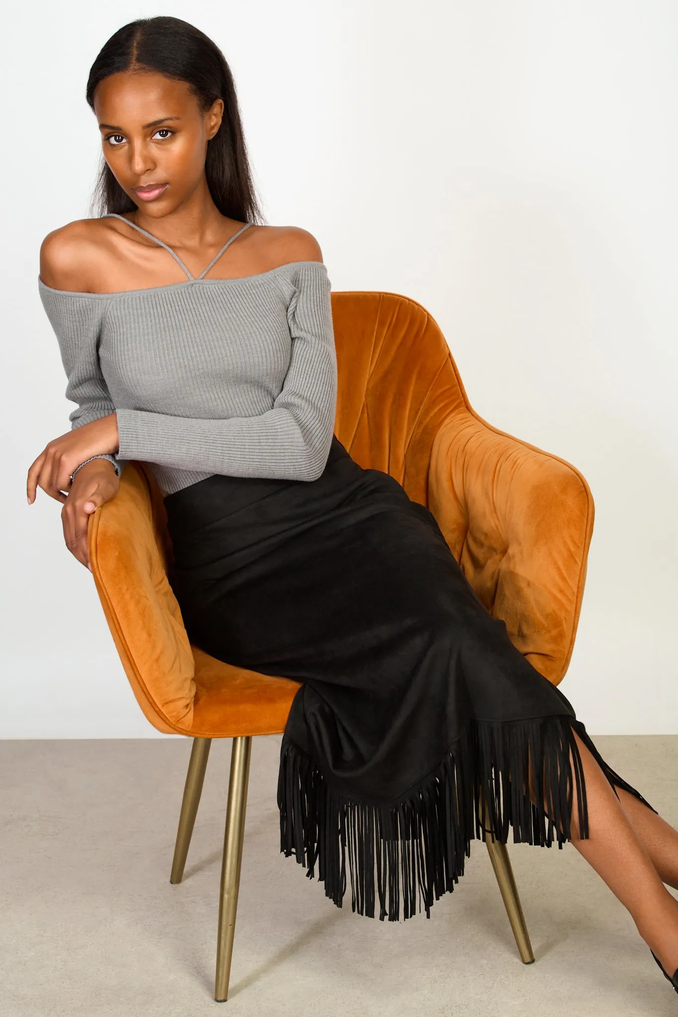 Black fringe hem midi skirt