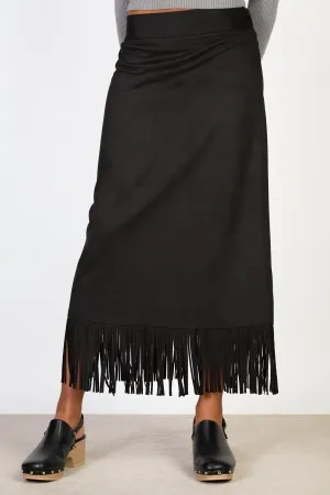 Black fringe hem midi skirt