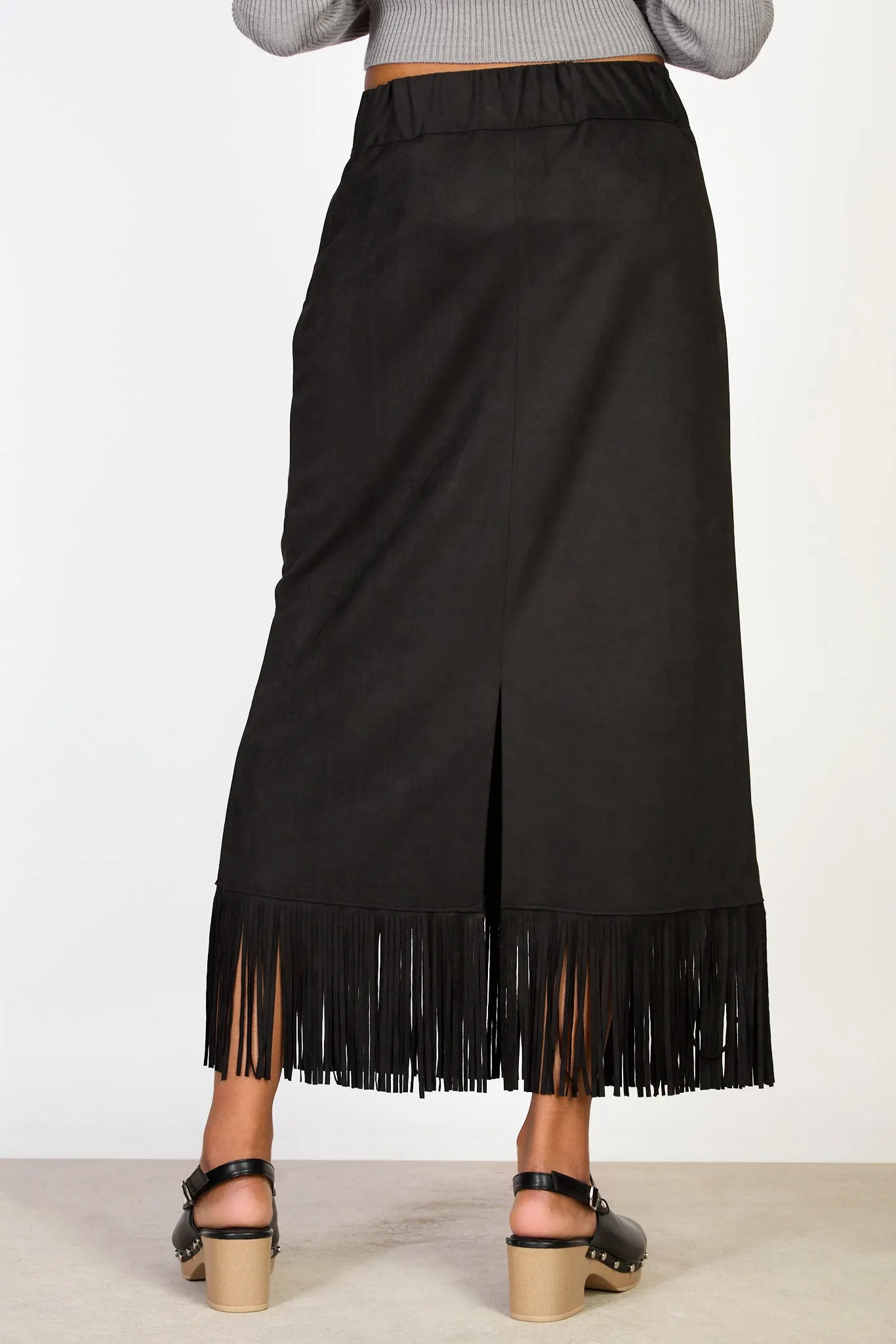 Black fringe hem midi skirt