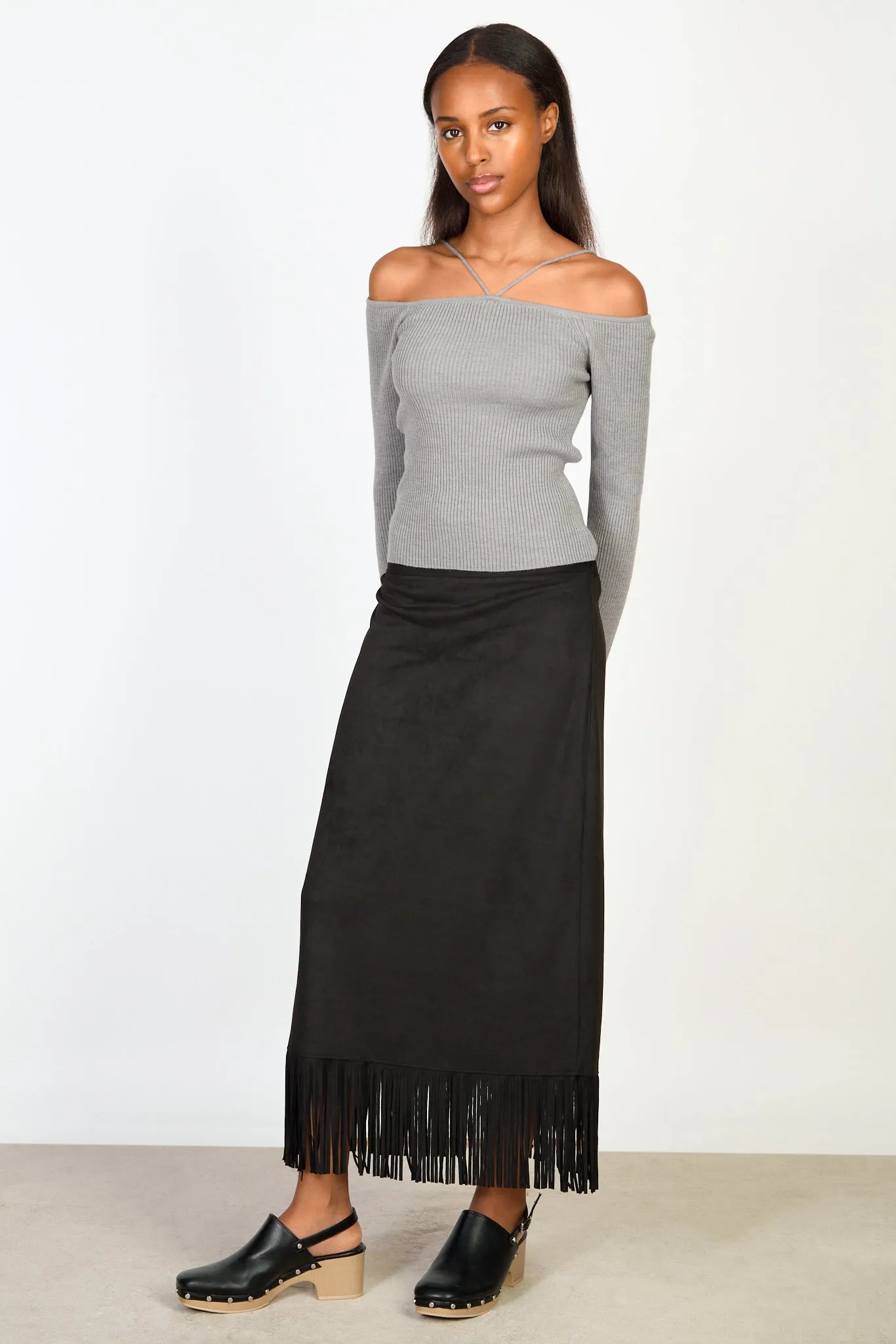 Black fringe hem midi skirt