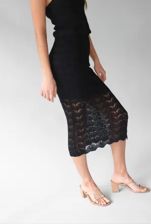 BLACK OPEN KNIT MIDI SKIRT