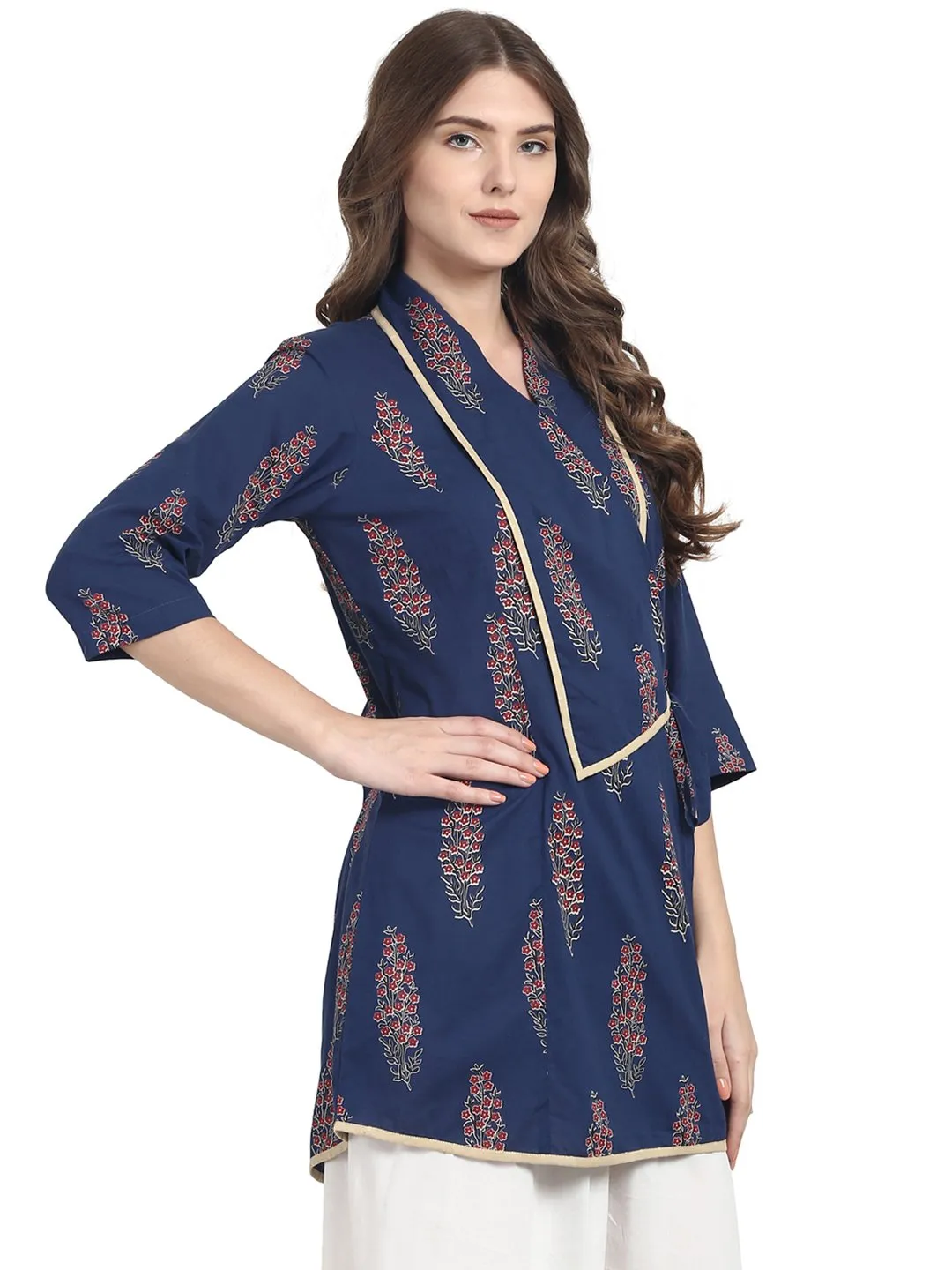 Blue 3/4 sleeve cotton angrakha style tunic
