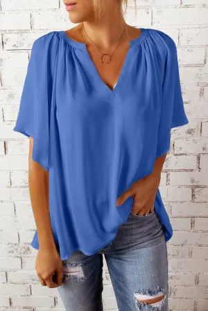Blue Flutter Sleeve V-Neck Pleated Tunic Blouse