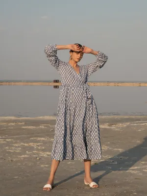 Blue Lotus Tier Wrap Dress - Blue Cotton Hand Block Printed Wrap Dress