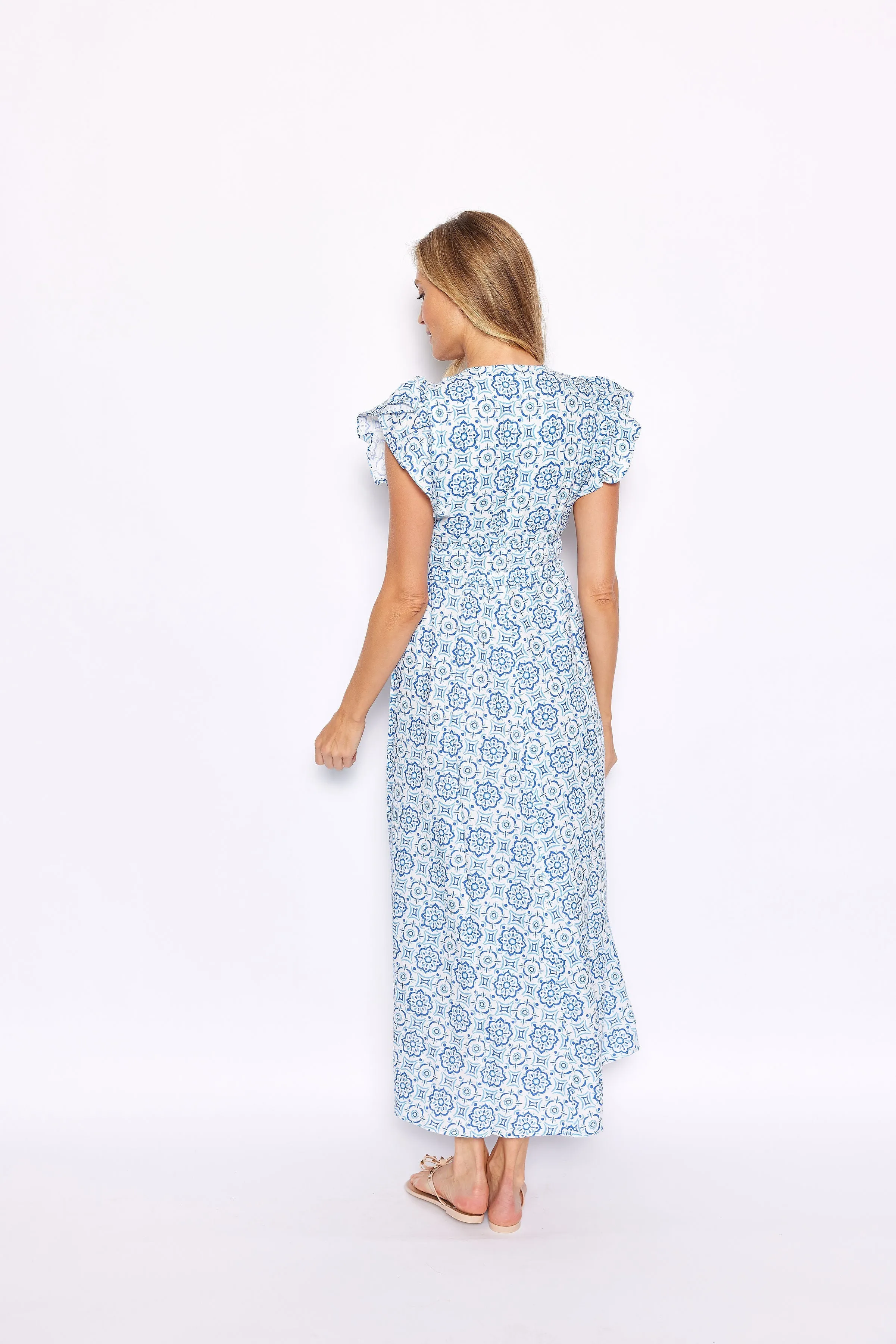 Blue Medallion V-Neck Flutter Sleeve Maxi Dress
