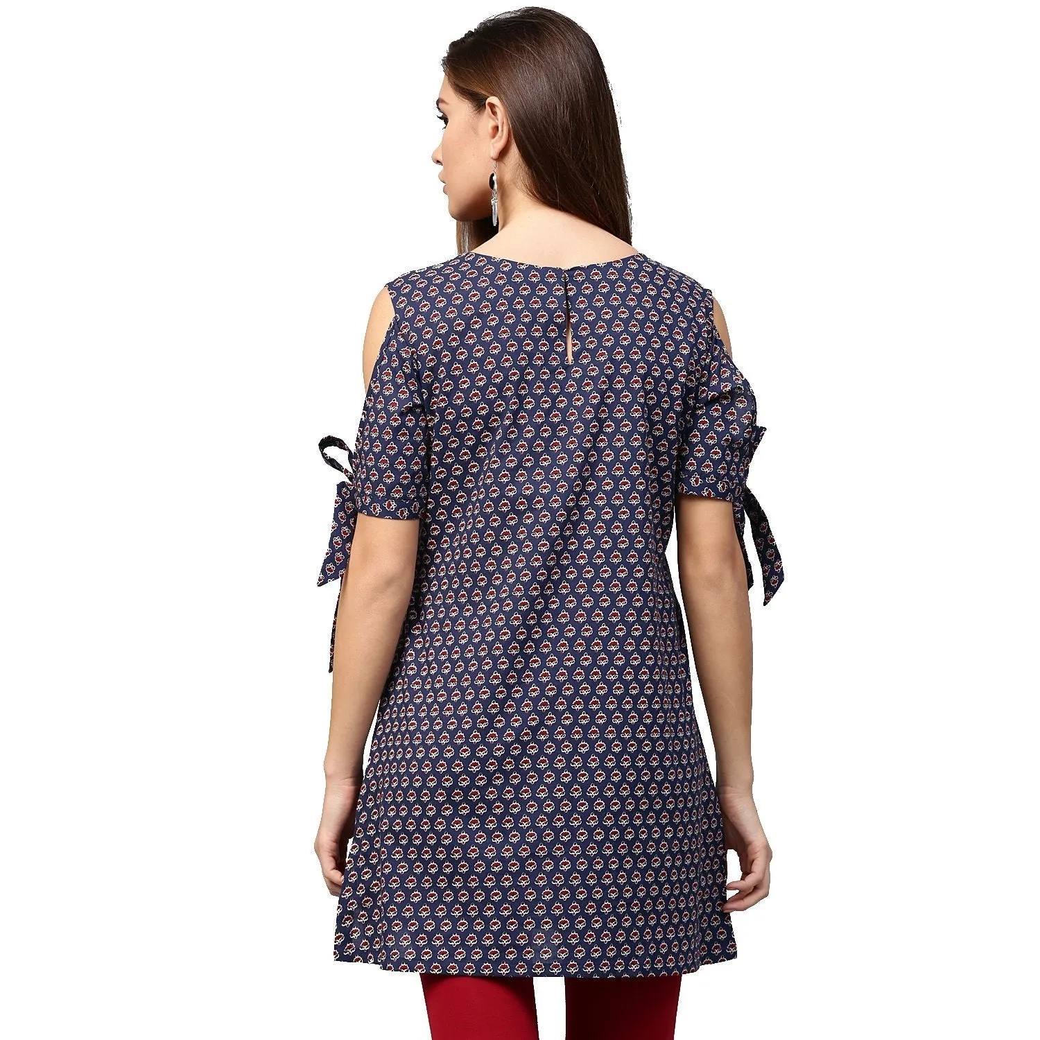 Blue printed half sleeve with cold shoulder cotton tunic