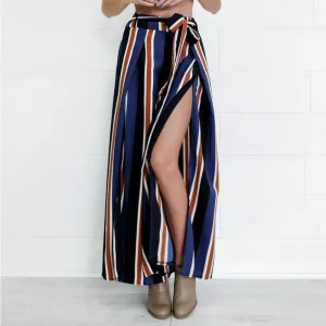 BowKnot Strap High Waist Stripe Loose Wide-leg Long Pants