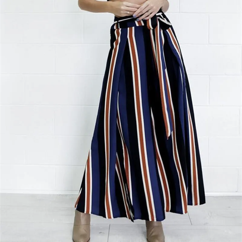 BowKnot Strap High Waist Stripe Loose Wide-leg Long Pants