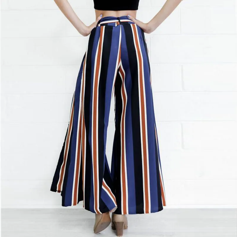 BowKnot Strap High Waist Stripe Loose Wide-leg Long Pants