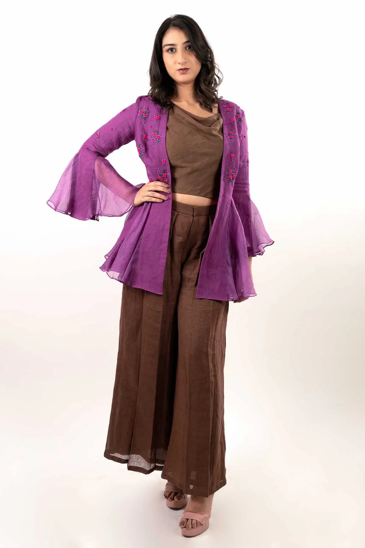 Brown Cowl Neck Indo-Western Set