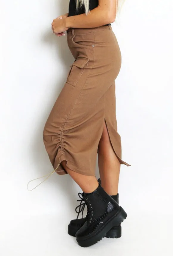 Cargo Ruched Midi Skirt - Camel