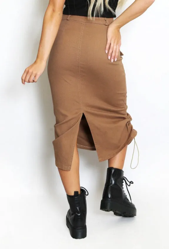 Cargo Ruched Midi Skirt - Camel