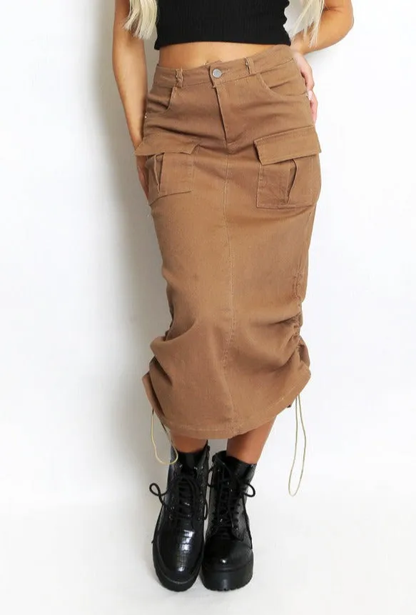 Cargo Ruched Midi Skirt - Camel