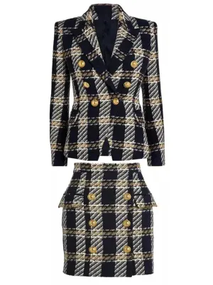 Check Double-Breasted Wool Blazer and Skirt Set