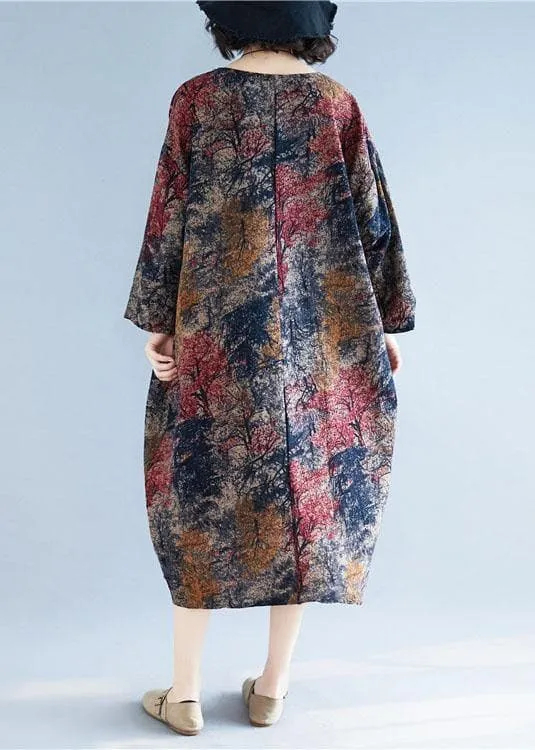 Chic floral cotton tunic dress o neck baggy Kaftan Dresses