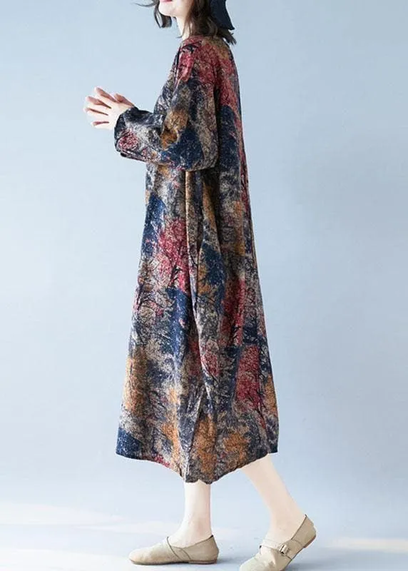 Chic floral cotton tunic dress o neck baggy Kaftan Dresses