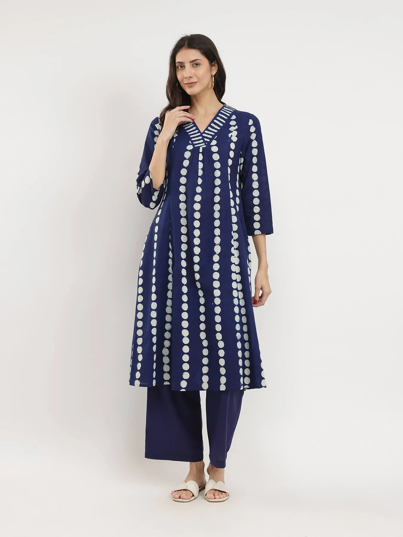 Cotton Dabu Polka Print Kurta Set - Indigo
