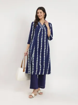Cotton Dabu Polka Print Kurta Set - Indigo