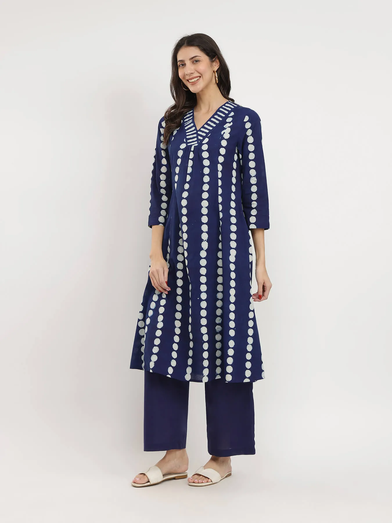 Cotton Dabu Polka Print Kurta Set - Indigo