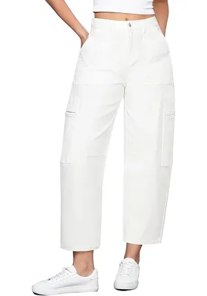 Cream White Women's Jeans Denim Relaxed Straight Ankle Length Barrel Cargo Pant