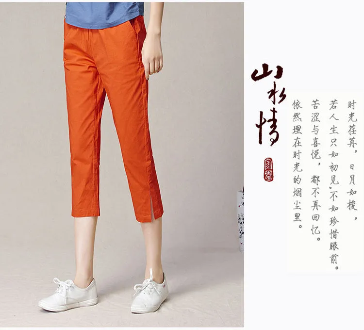 Cropped Pants Women Summer Thin High Waist Cotton Plus Size Loose White Splitted Casual Pants