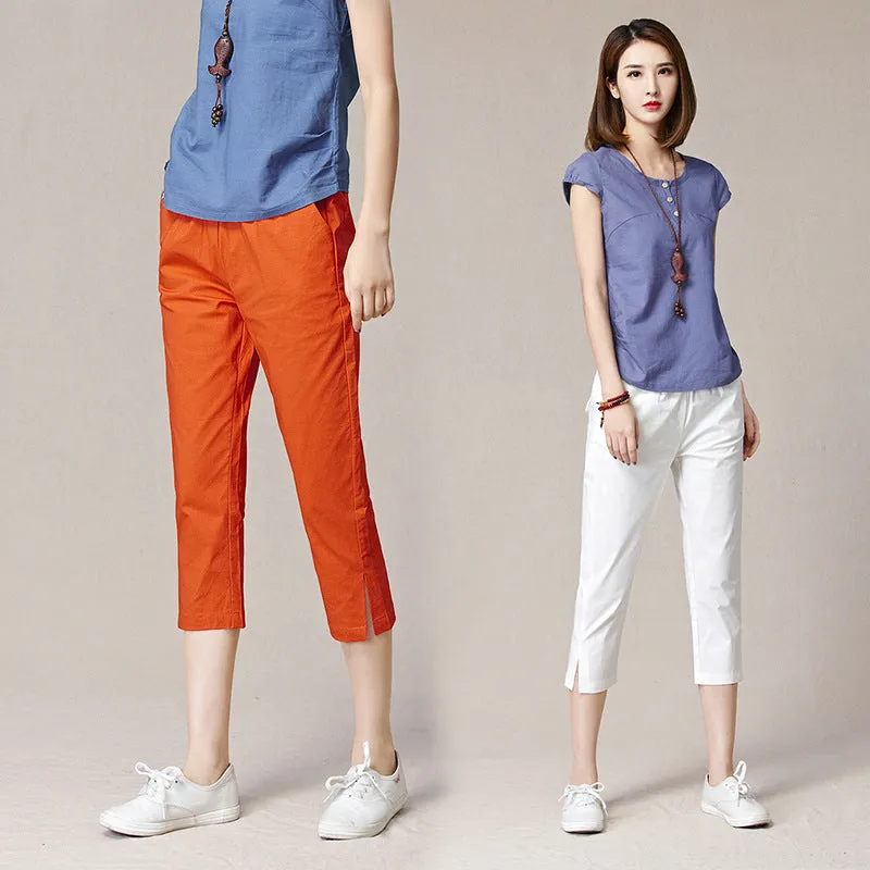 Cropped Pants Women Summer Thin High Waist Cotton Plus Size Loose White Splitted Casual Pants