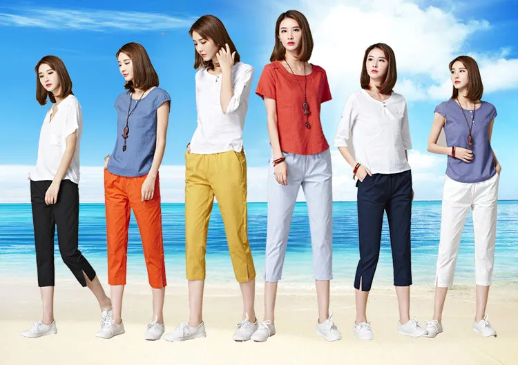 Cropped Pants Women Summer Thin High Waist Cotton Plus Size Loose White Splitted Casual Pants