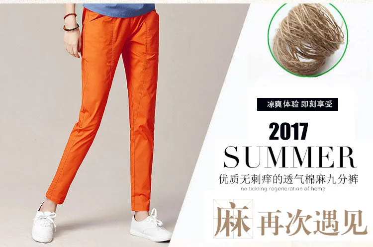 Cropped Pants Women Summer Thin High Waist Cotton Plus Size Loose White Splitted Casual Pants